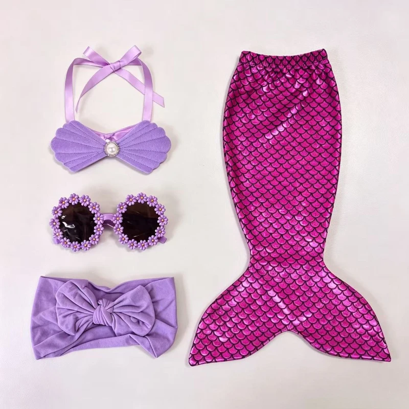 Mermaid Costume Accessory Set Magenta Scale Tail Shell Bow Pearl Headband Flower Sunglasses Purple Bow Headwrap Party Photo Prop