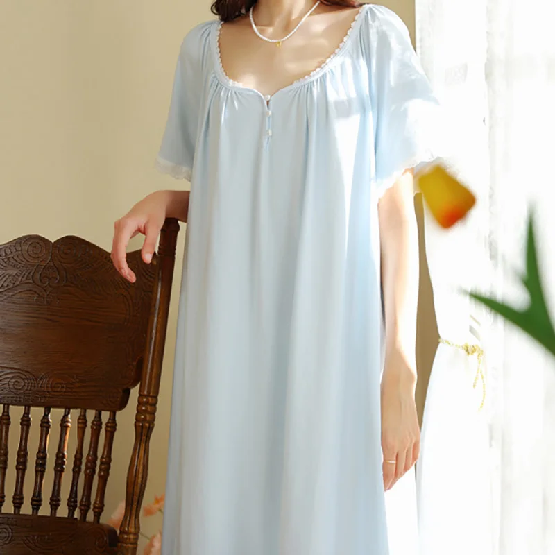 Women Victorian Nightgowns Cotton Sleeping Night Dress Short Sleeve Summer French Vintage Princess Lace Sweet Home Sleepwear
