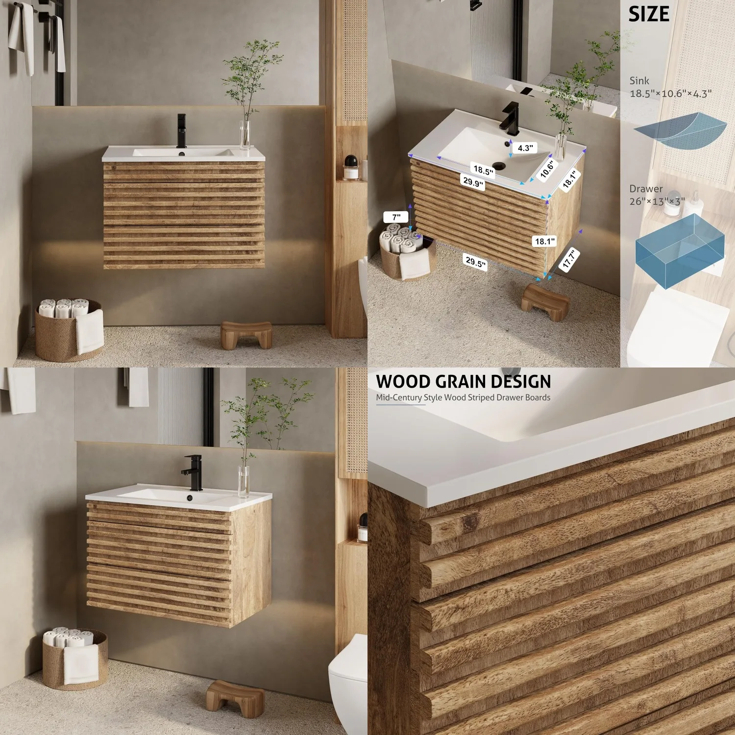 

30" Floating Bathroom Vanity Sink Combo Wall Mount Cabinet Wood Panel Drawers Undermount Faucet Drain Walnut, Customized