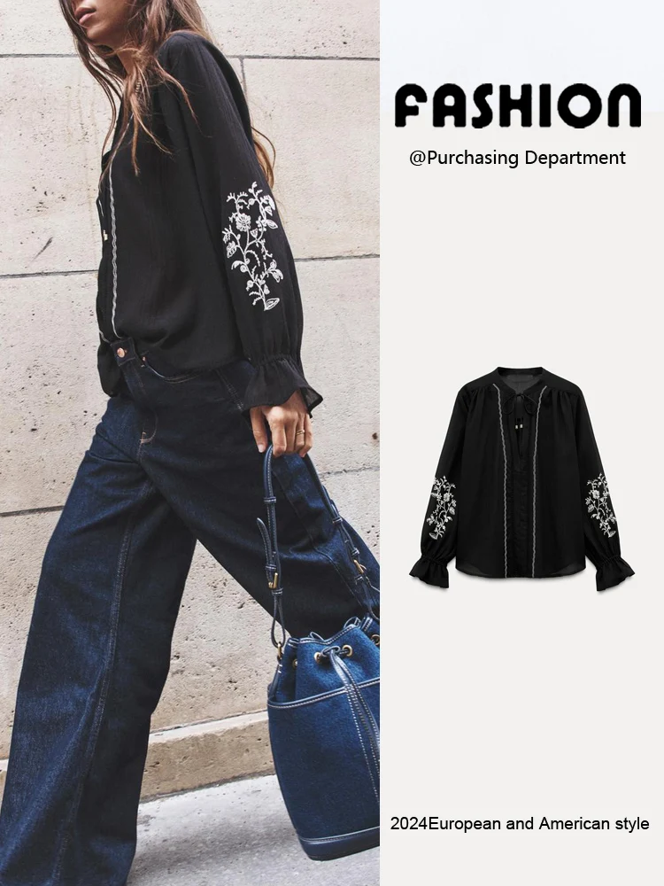 

New Arrival Autumn Women's irt Comfortable Slimming V-Ne Long Sve Embroidered Sve Ele Commute Sle 87423