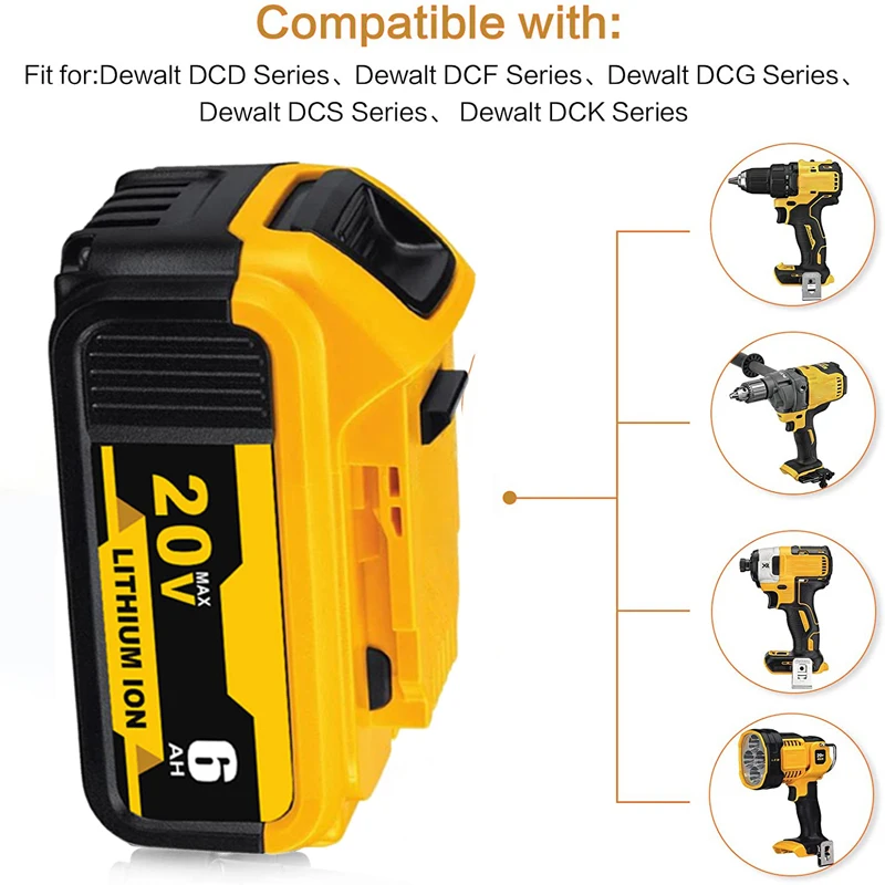 20V 5.0Ah 6.0Ah Replacement DCB200 for DeWalt DCB185 DCB203 DCB206 DCB181 DCB184 Rechargeable Lithium Battery 18V Power Tools