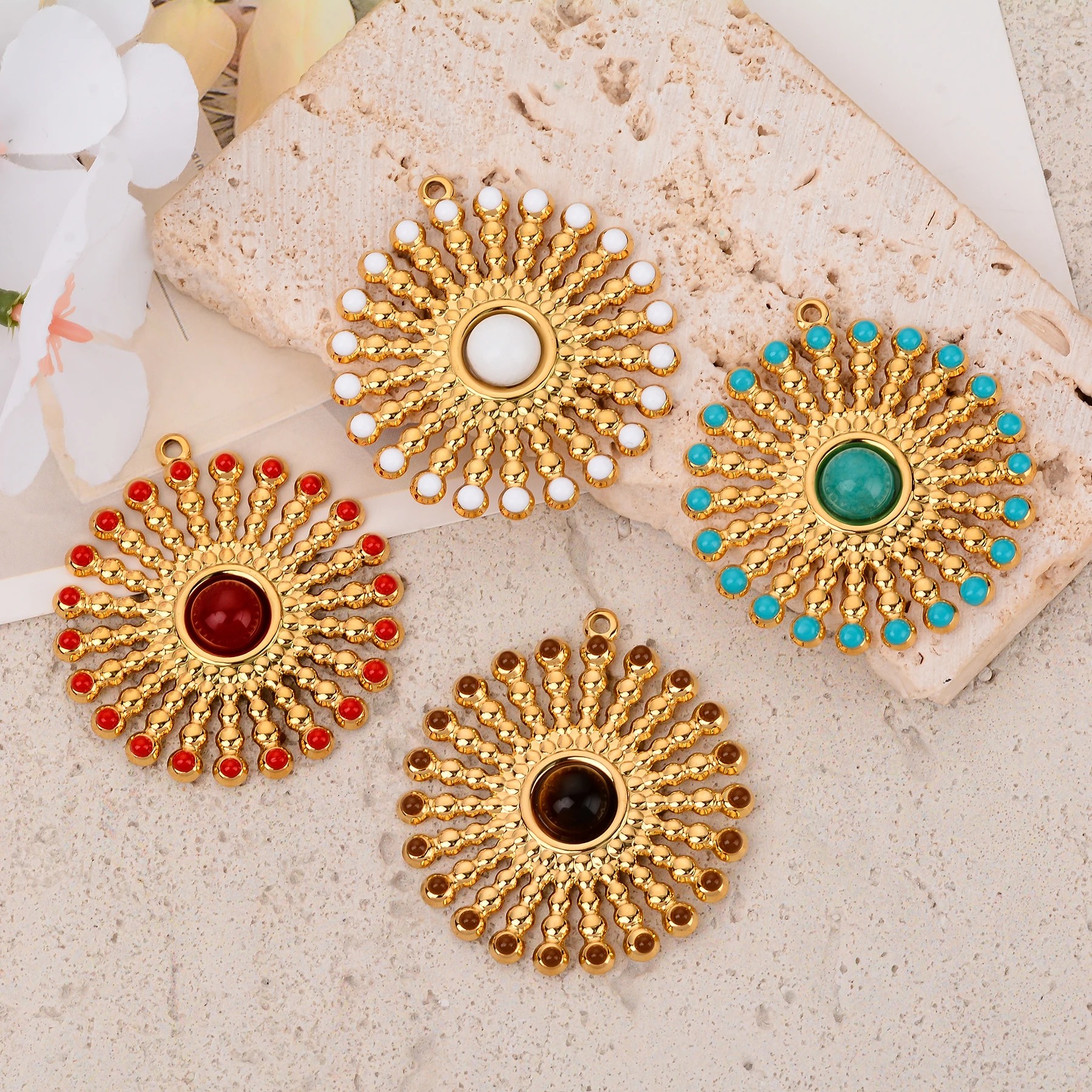 3pcs Bohemia Natural Stone Flower Pendant Stainless Steel Sun Round Charm for Women DIY Necklace Earring Jewelry Accessories