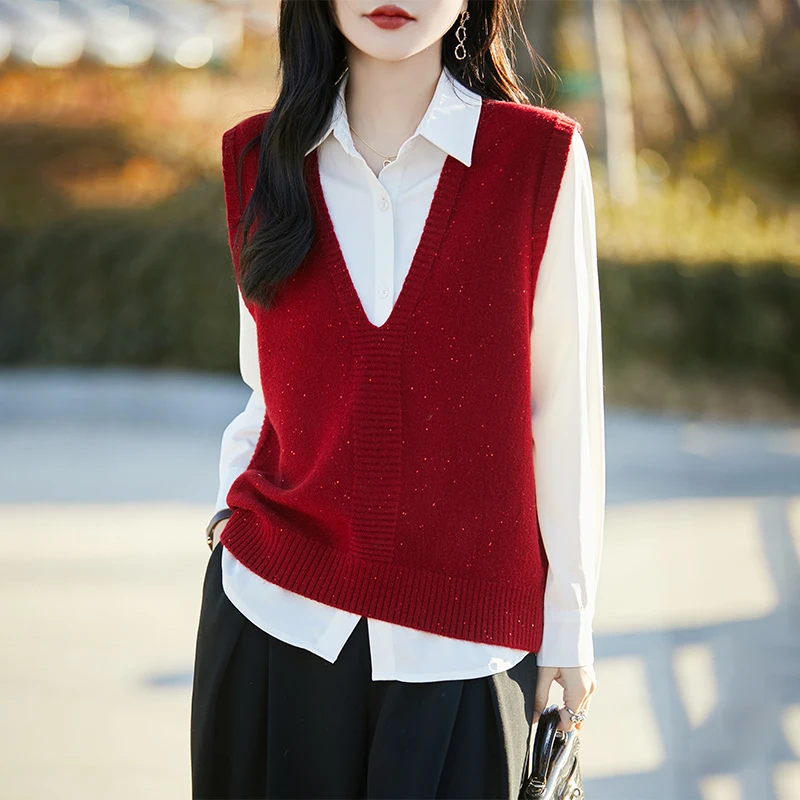 Classic Big V Collar Australian Wool Vest Women's knitting NEW Pullover Sequin decoration Sleeveless High quality Loose Tops