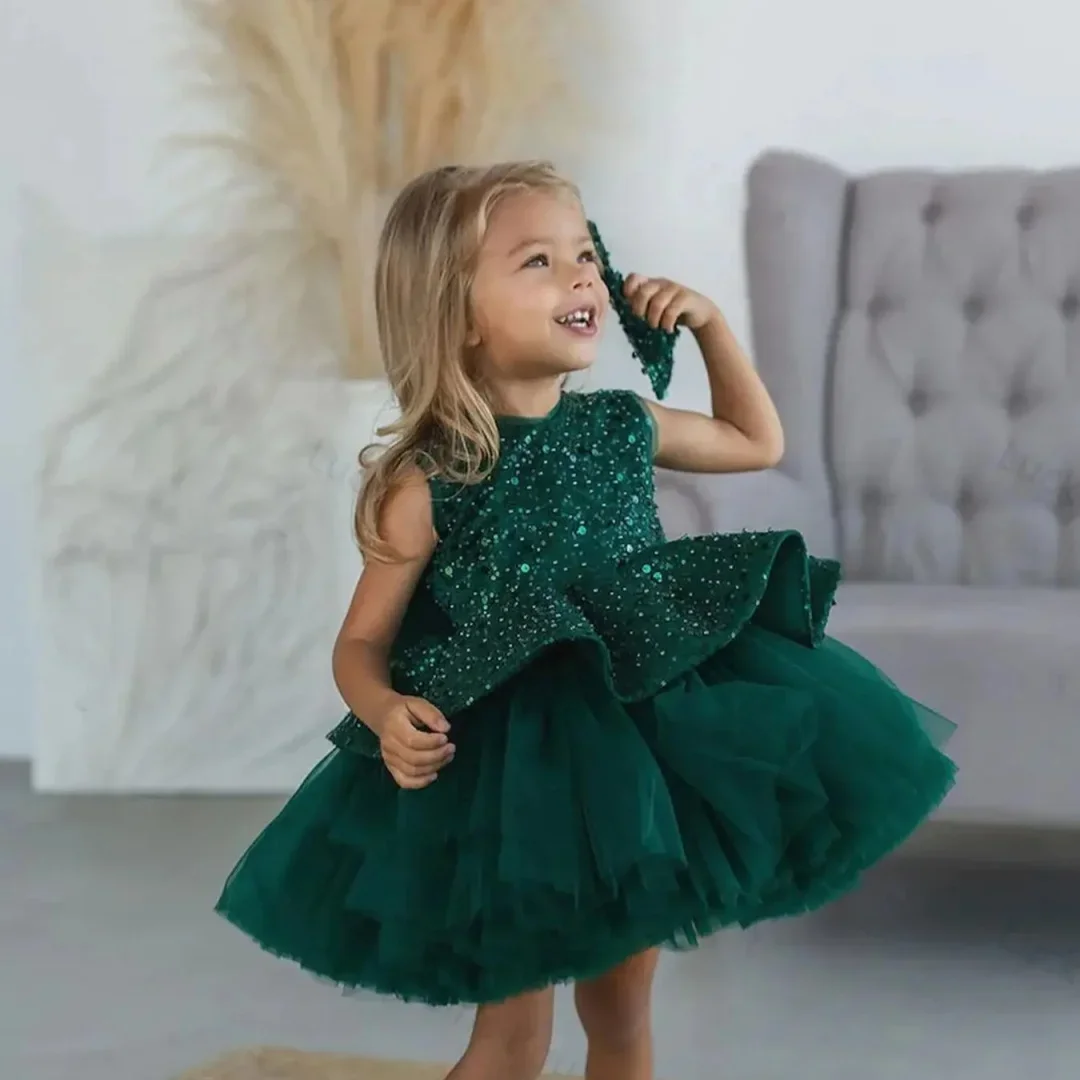 Vestido de menina florido inchado infantil, Brilhando Tule, Arcos, Lantejoula de brilho, Altura do joelho, Aniversário, Vestido de concurso, Verde, Casamento