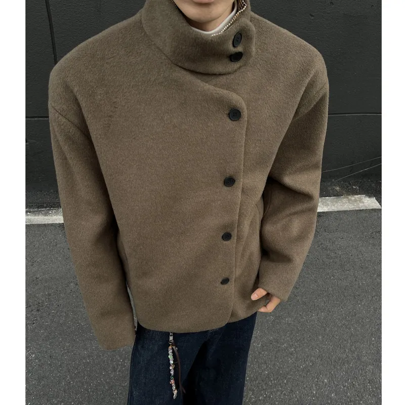 

American Retro Thiened Woolen Jaet Men's ort Casual Autumn Winter Loose Cotton Coat Polyester Fiber Stand Fit Youth ...