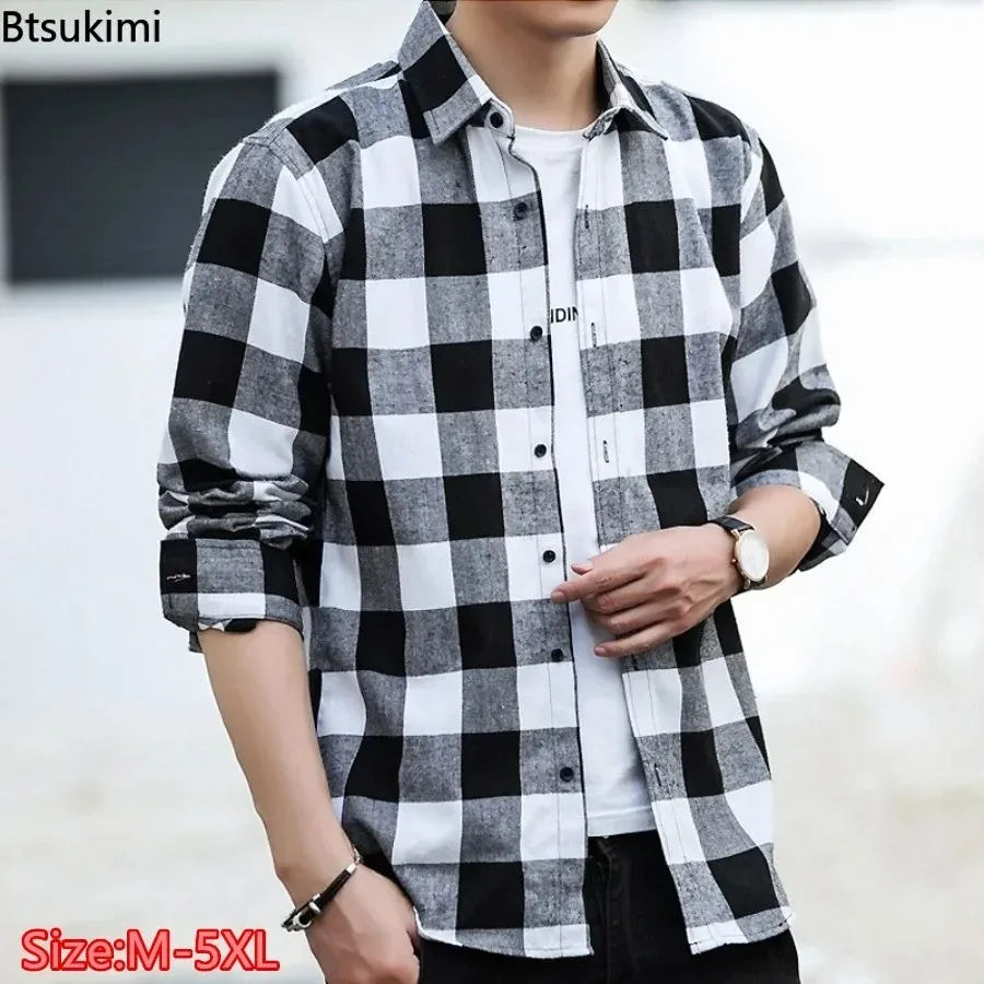 

2026 Men's Loose Casual Classic Plaid Print Shirt Spring Autumn Long Sleeve Lapel Collar Button-up Shirt Coats Male Tops Camisas