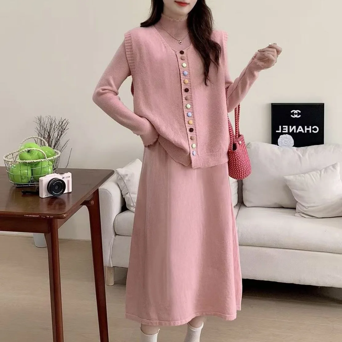 Color Buckle Retro Western-style Cardigan Vest+dress Knitted Set 2025 Autumn/winter New Korean Version Two-piece Set