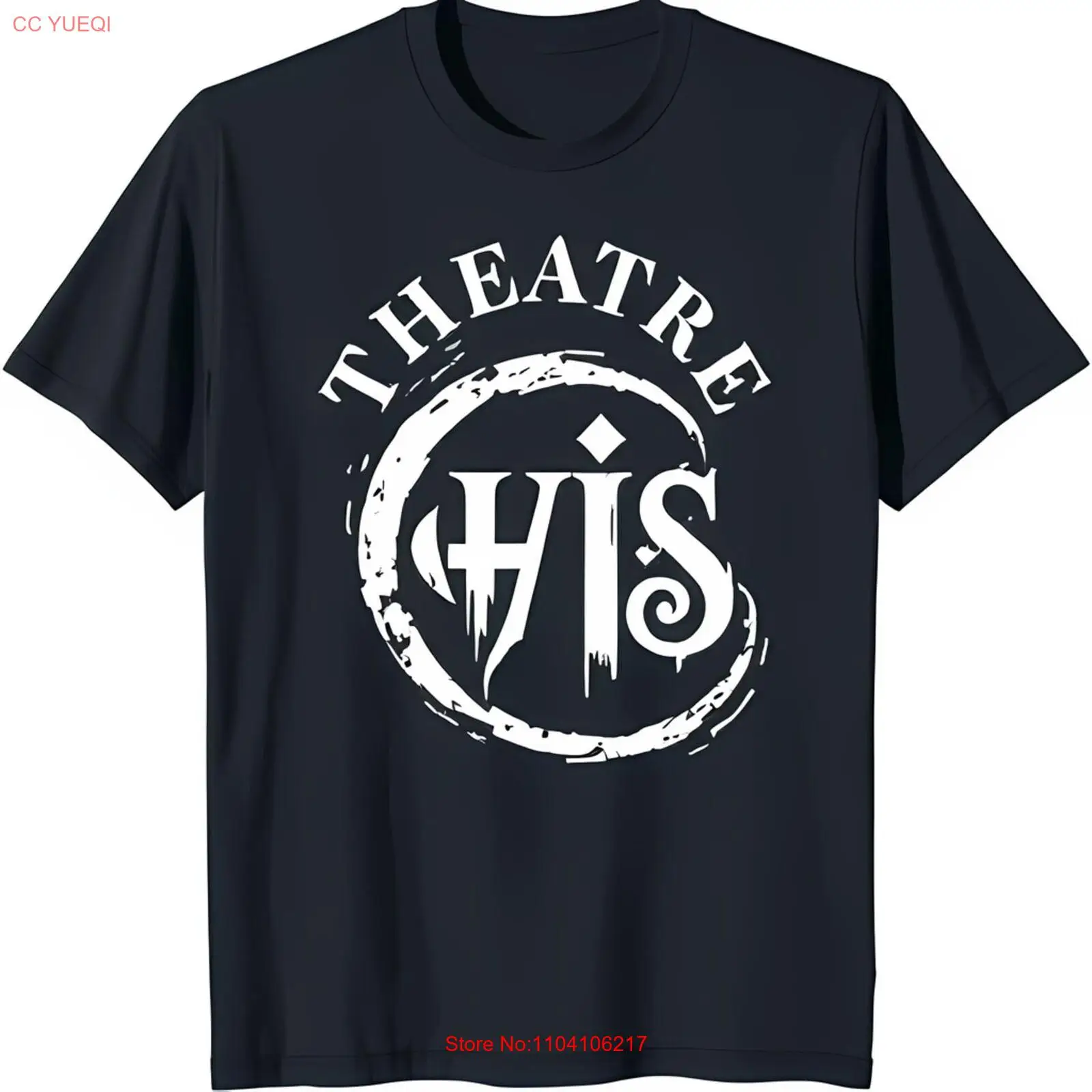 

Stylish Black T-Shirt with Grunge Circle Graphic: 'Theatre His' Design