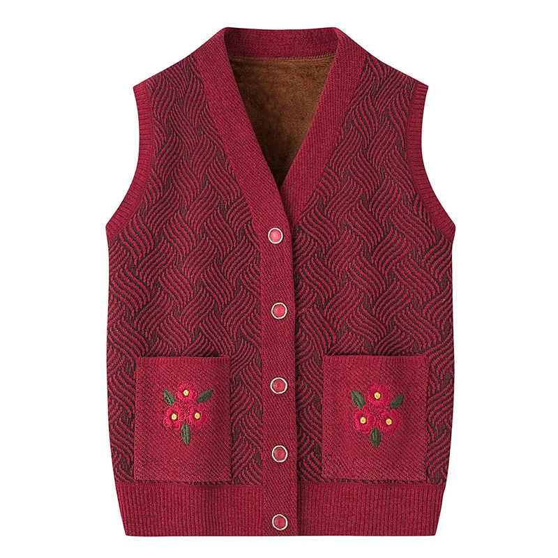 Grandma\'s Spring Autumn Warm Knit Jacket Middle Aged Mother Camisole Sweater Embroidered V-neck Cardigan Vest For Women XL-5XL