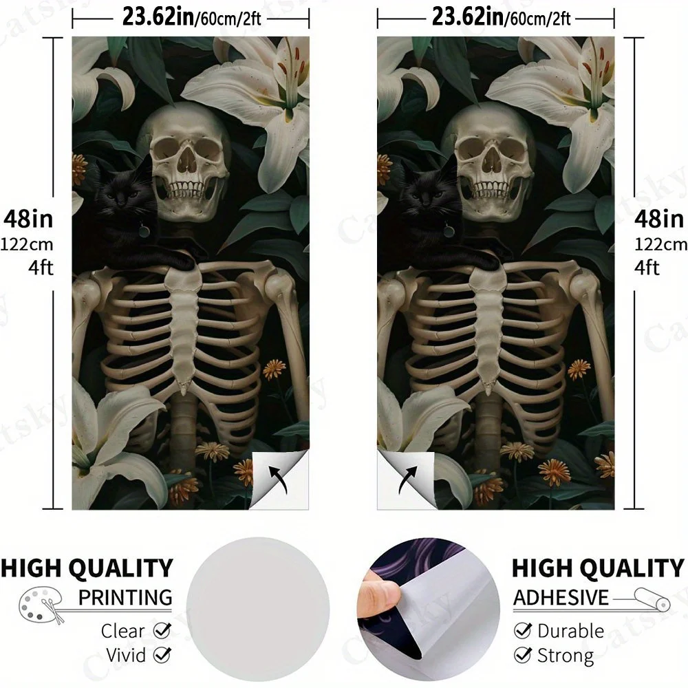 Skull with Black Cat,Gothic Floral Art,Mystical Nature Scene,High Value! 2D Flat Vinyl Sandboard Stickers - Bubble-Free, Easy Ap