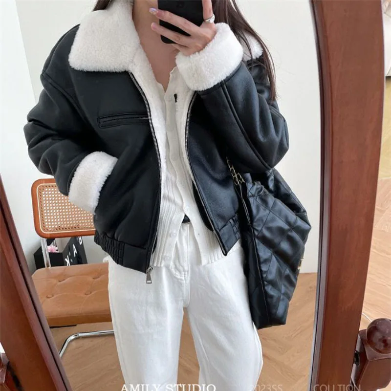 Jaqueta de couro vintage feminina, casaco Parker quente, roupa de locomotiva, imitação solta de cordeiro, pele curta, coreano, inverno, novo, 2021