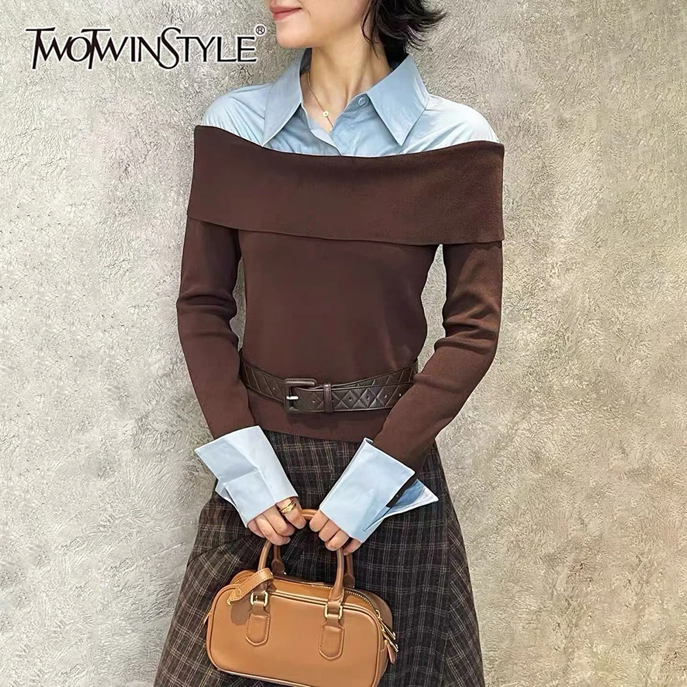 

TWOTWINSTYLE Colorblock Spliced Folds Sweater Female Lapel Long Sleeve Loose Elegant Korean Women's Sweaters Autumn Fashion New