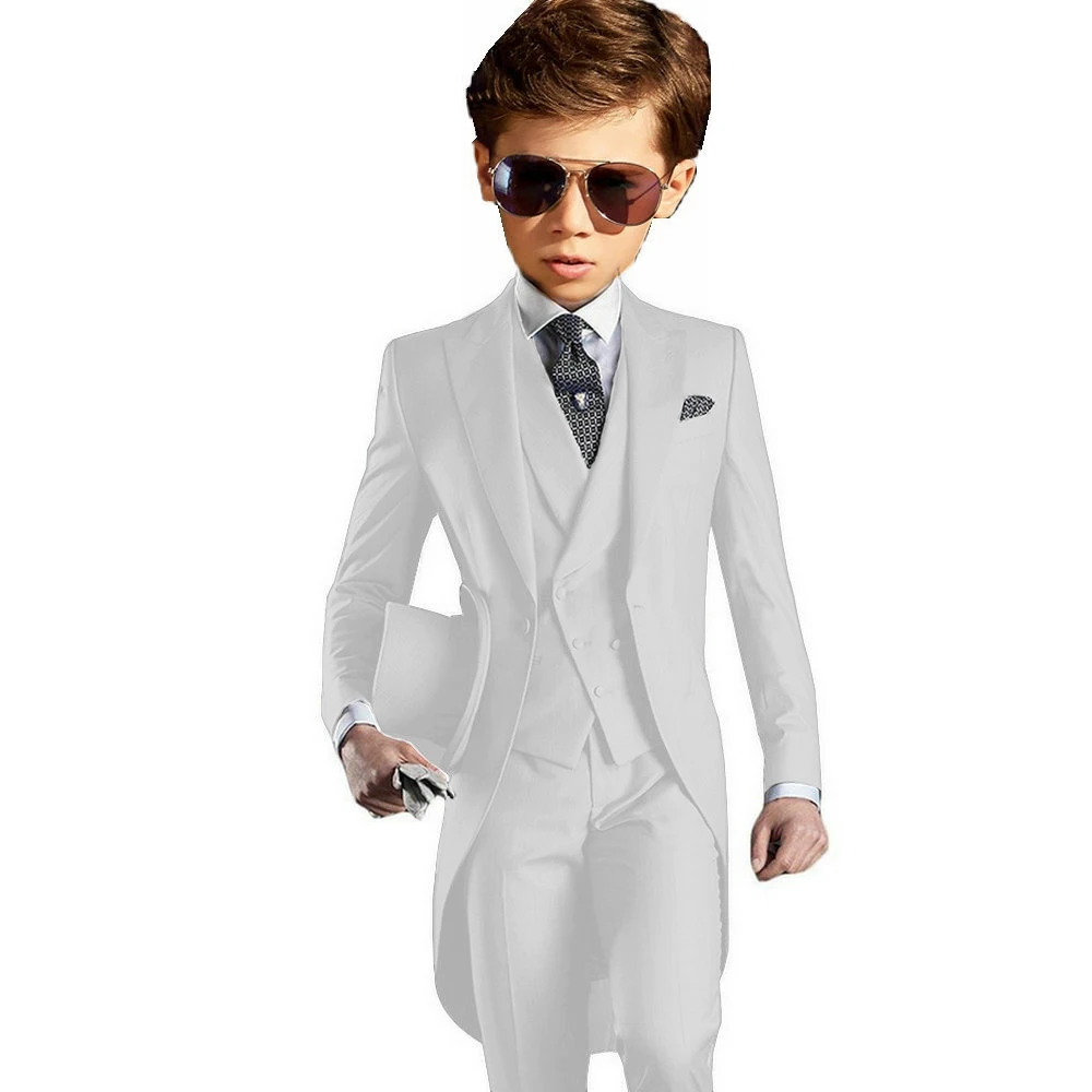 Light Grey Boys Suits Long Tuxedo Jacket Pant Vest Tailcoat 3-Piece Suit Wedding Dress Kids Formal Business Blazer