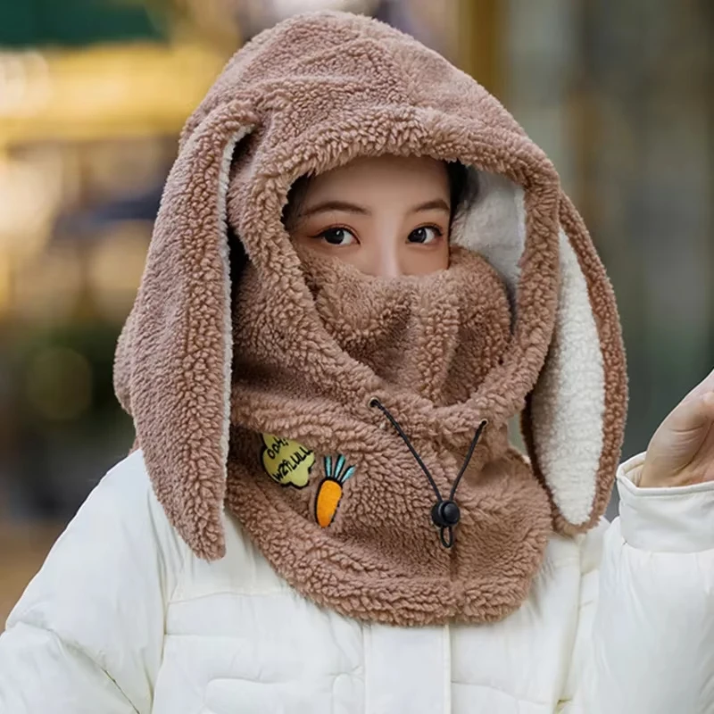 

Cute Rabbit-Ear Ear-Warming All-in-One Outdoor Cycling Helmet Hat for Women with Integrated Mask Hat and Neck Warmer
