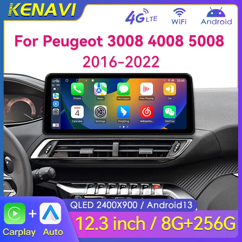 12.3inch 2400X900 Car Radio For Peugeot 3008 4008 5008 2016-2022 Wireless Carplay Android Auto Car Lntelligent Multimedia Player