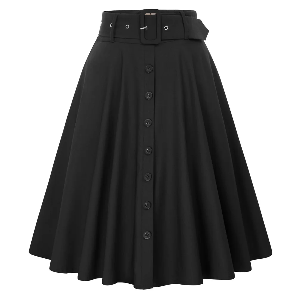 

Belle Poque Women's Stretch High Waist A-Line Flared Midi Skirts With Pockets & Belts Female Summer Clothes Office Workwear A30