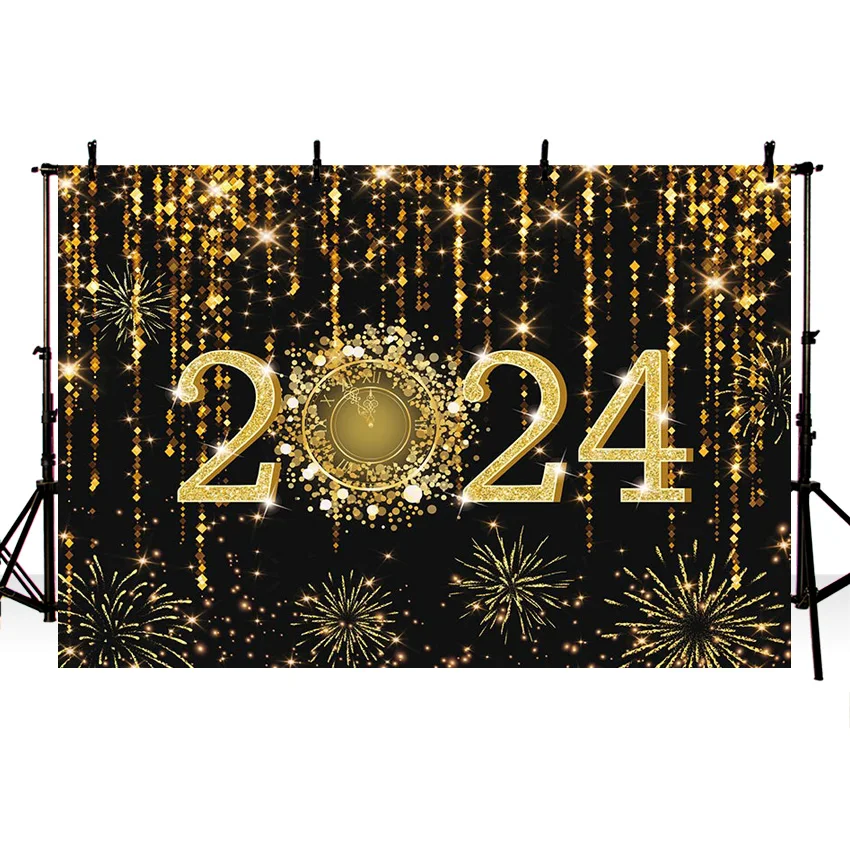 Mehofond Glitter Gold Happy New Year 2024 Backdrop Bokeh Golden Dots Clock Firework Adults Portrait Photography Background Props