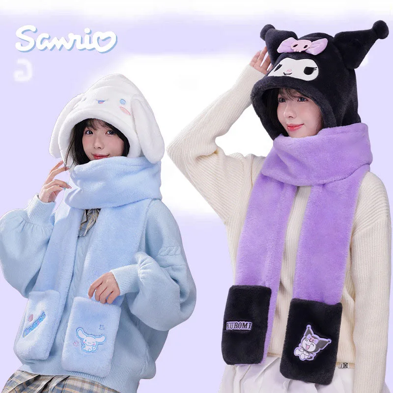 Sanrio Kawaii Three-piece Set Hellokitty Melody Cartoon Warm Plush Gloves One-piece Hooded Thickened Winter Scarf Gift for Women