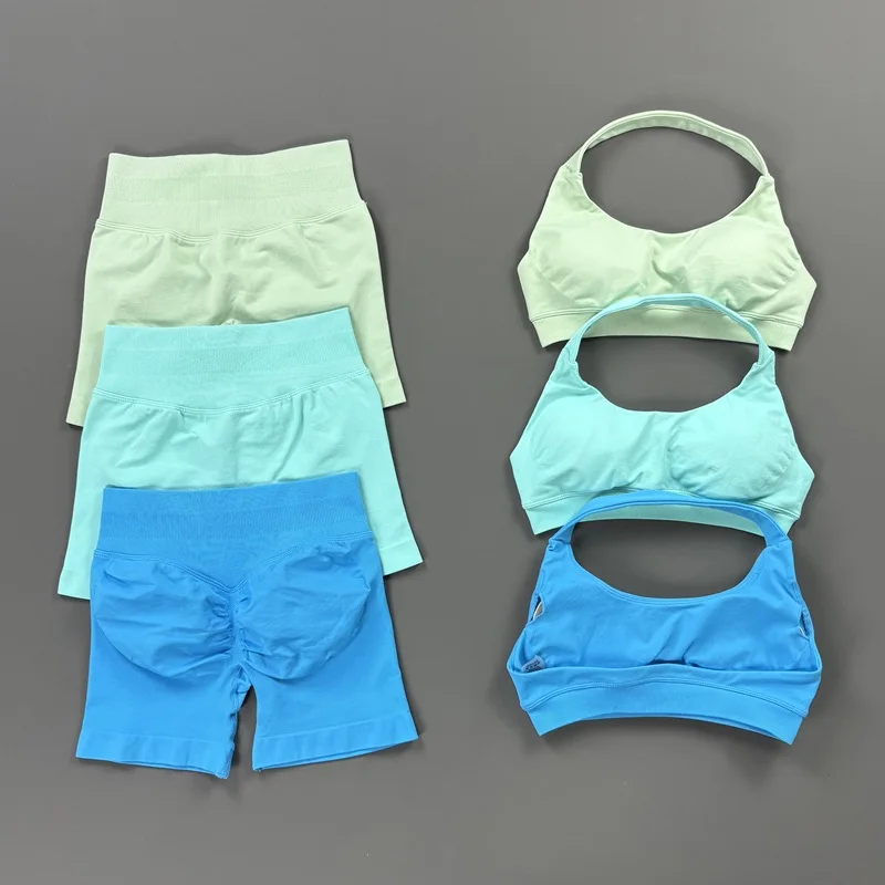 Sexy Gym Set Women Low Ribbed Waist Sports Shorts Seamless Push Up Yoga Halter Bra Top Sets Workout Running Fitness Sportswear
