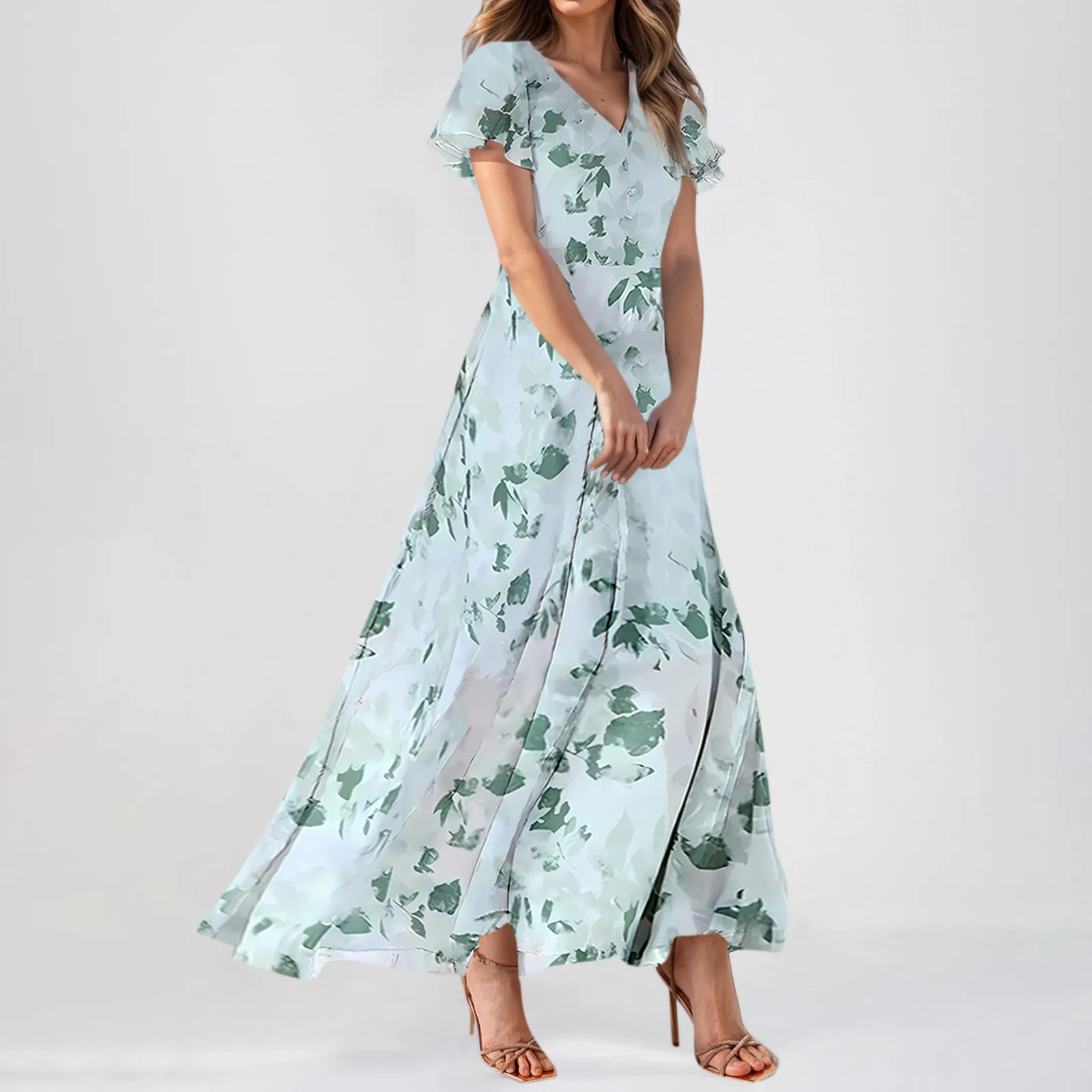 Dames Zomer Casual Korte Mouw V-Hals Elegante Maxi Jurk Met Bloemenprint Bruiloft Gast Chiffon Vloeiende Vakantie Strandjurken