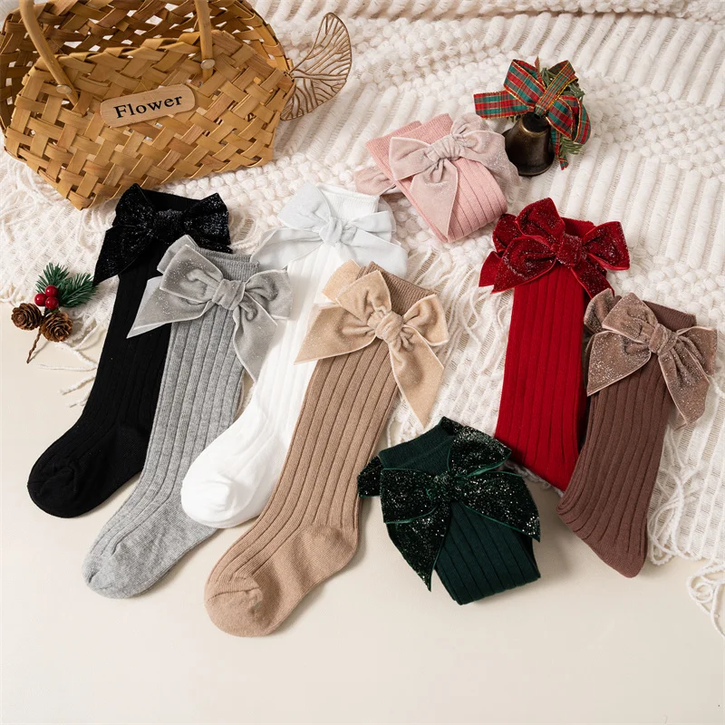 Calze al ginocchio per neonate autunno inverno bambini Big Bow Long Soft Christmas Sparkly Sock Cotton Red Children Socken per 0-8 anni