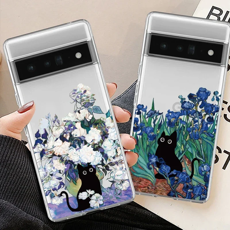 Cartoon Van Gogh Black Cat Phone Case For Google Pixel 8A 8 7 9 Pro XL 6A 5G Retro Oil Painting Transparent Soft Cover Fundas