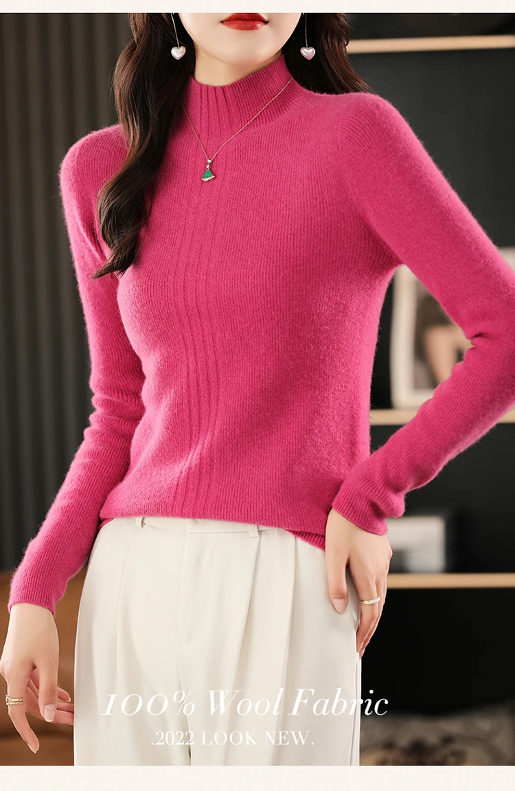 

New Women Pullover 100% Merino Wool Knitted Sweater Soft Grace Comfortable Warm Mock Neck Autumn Winter Long Sleeve Clothing Top