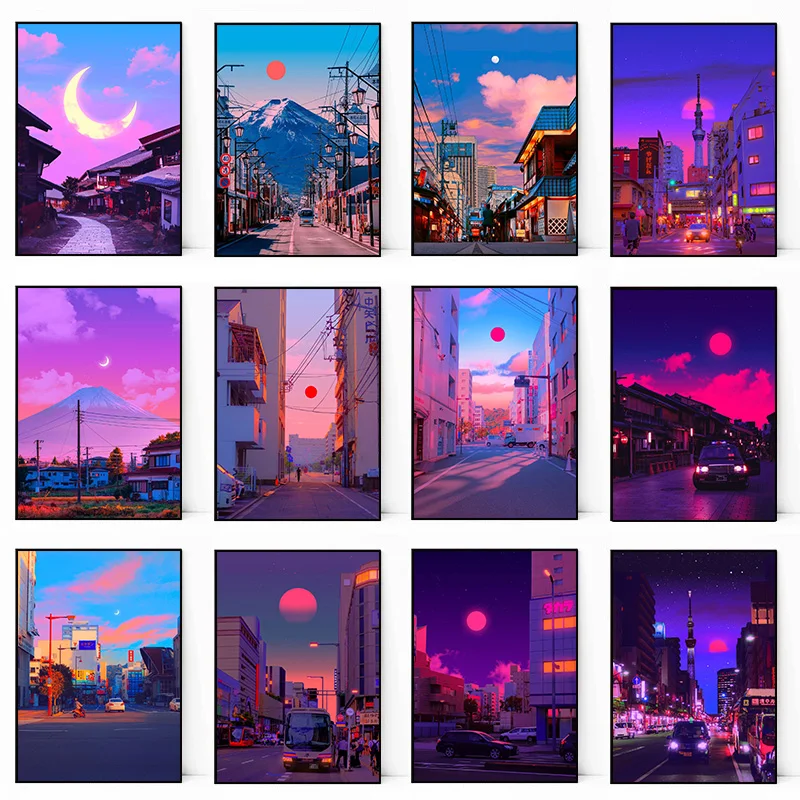 Tokyo Japan City Neon Night Wall Art Posters 80s Vaporwave Style City Street Canvas Painting for Living Room Home Decor Picture