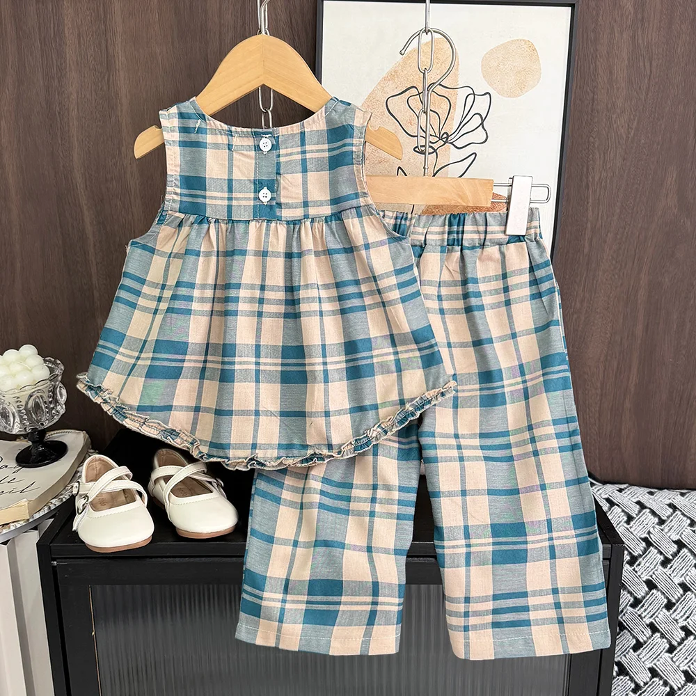 بدلة صيفية جديدة منقوشة بدون أكمام من الدانتيل + بنطال ذو قصة أرجل واسعة طقم مكون من قطعتين للفتيات من سن 2 إلى 7 سنوات للارتداء اليومي في الهواء الطلق #2