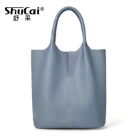 Genuine Leather Commuter Tote Bag Simple Ladies Soft Cowhide Tote Shoulder Handbag Large Capacity Women Bucket Bag 2025 New