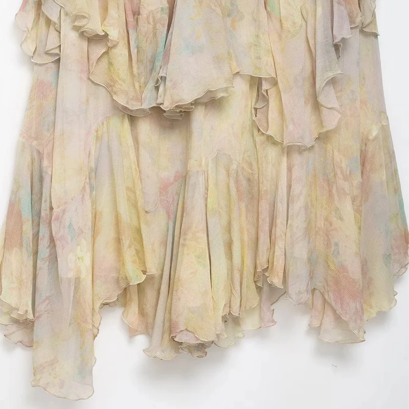 HXAO Print vrouwen Rok Zomer Ruche Lange Rokken Voor Vrouwen Plooien Gelaagde Midi Rok Fee Tule Asymmetrische Vrouwelijke Rok