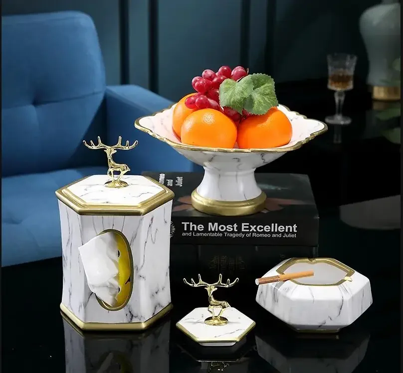 Ceramic Tissue Box Multifunction Storage Deer Decorative Cover Ashtray Tall Feet Fruit Plate Ornaments