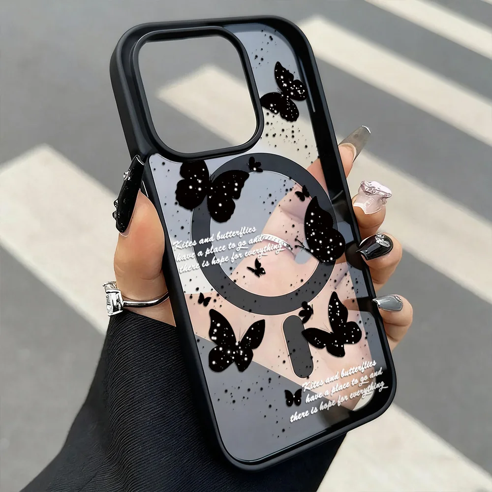 Funda magnética transparente Magsafe para iPhone 17 Pro Max 13 16 14 11 12 15 Pro Max flor mariposa cubierta de carga inalámbrica