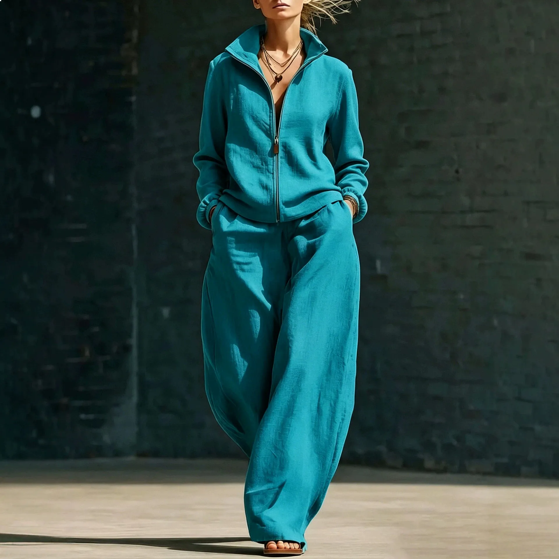 

Pure Color Stand Collar Zipper Cardigan Linen Pants Matching Set for Women Spring Summer Casual