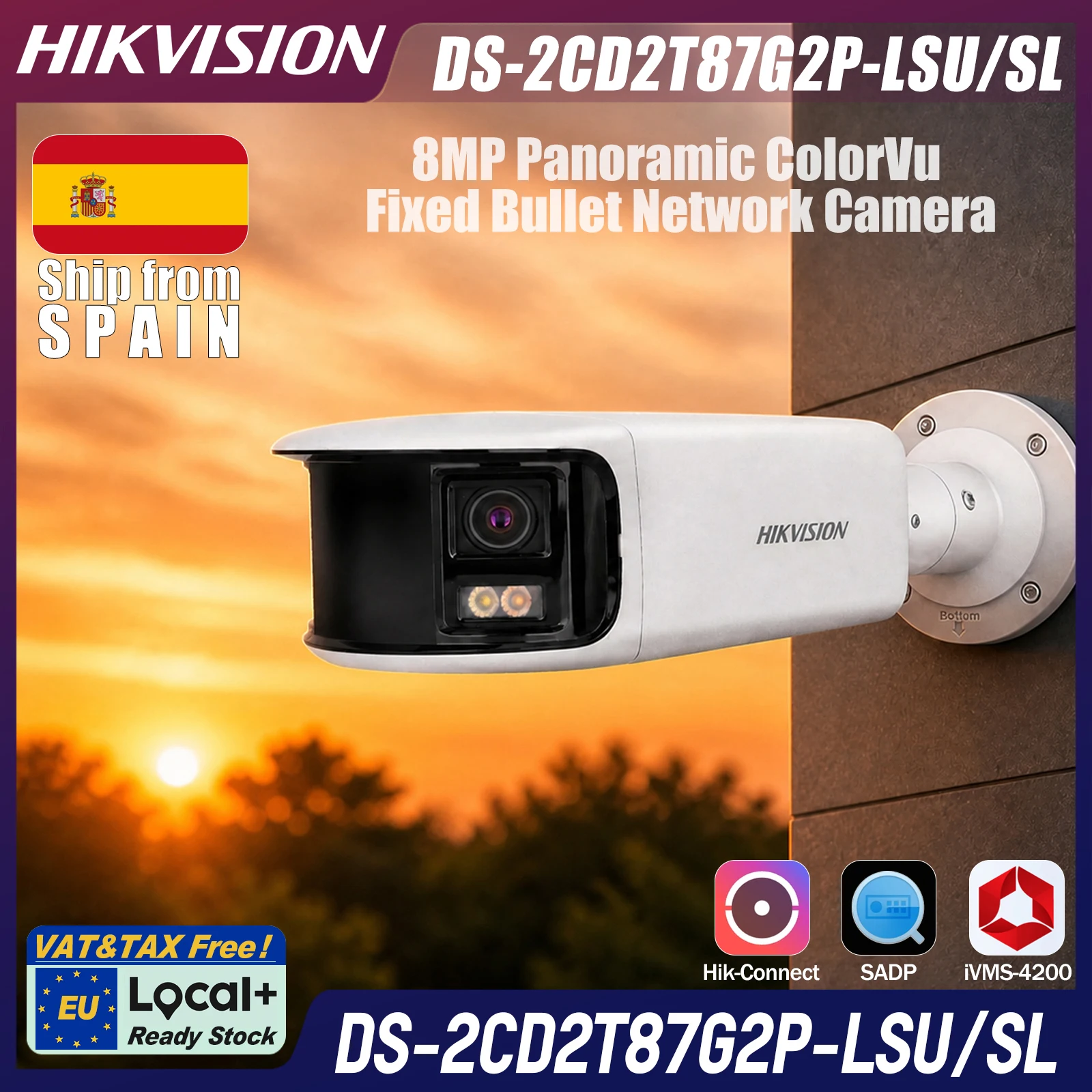 DS-2CD2T87G2P-LSU/SL Hikvision Local+ weiße Dual 4mm 8MP 180° Panoramic ColorVu feste Bullet-Kamera, 130dB WDR, 40m Weißlicht, integriertes Zwei-Wege-Audio, weißer Blitz, PoE, IP67