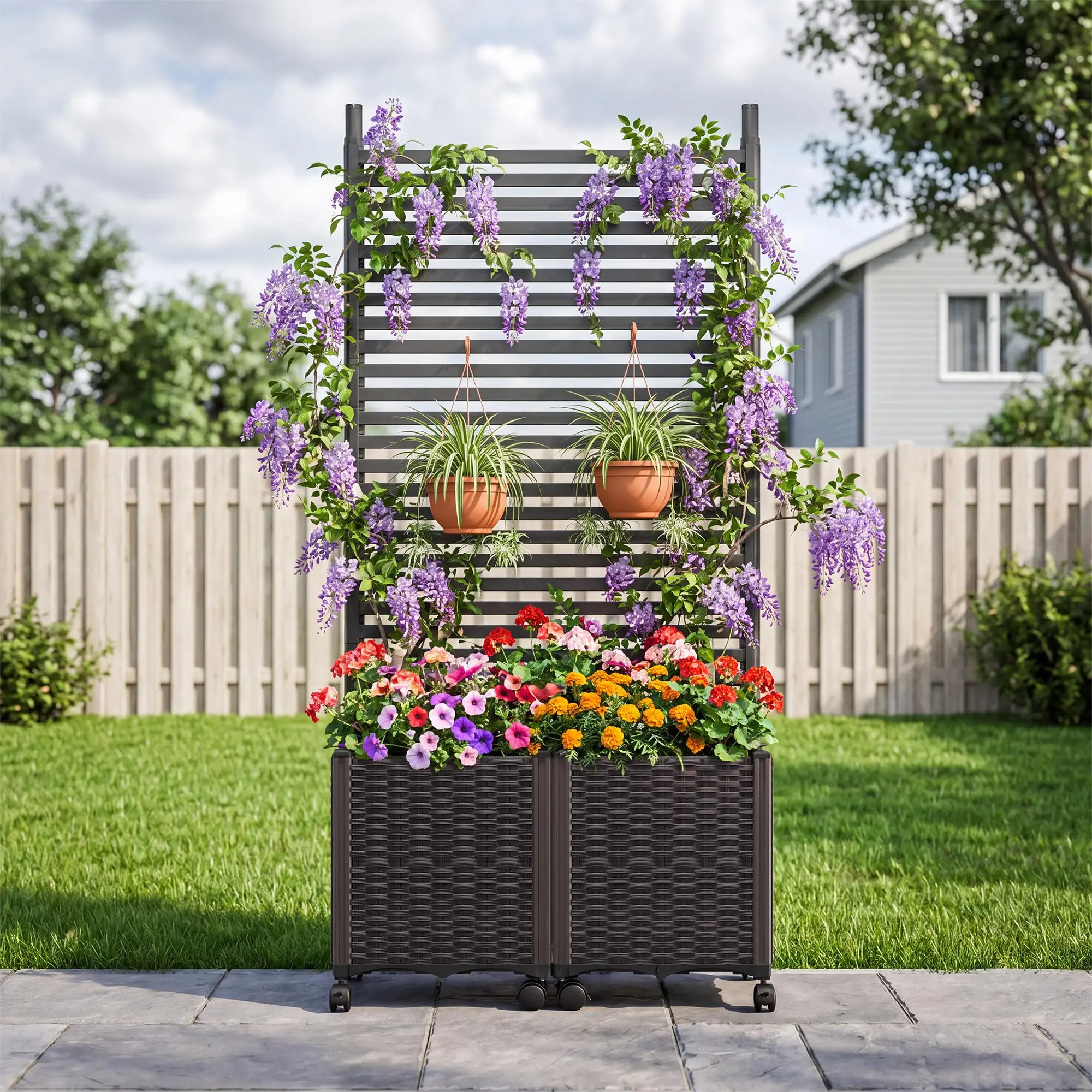 Raised Bed Planter Box - Tırabzanlı ve Tekerlekli Gizlilik Ekranlı Yükseltilmiş