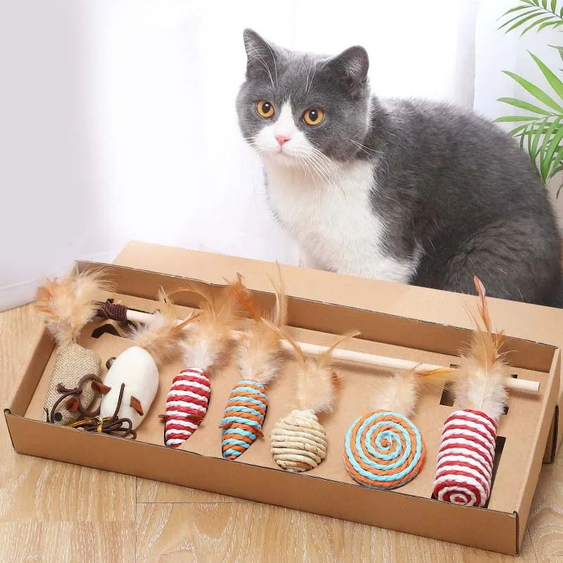 Holz-Katzenspielzeug-Set mit Federn, interaktives Angelruten-Spielzeug für Haustiere, lustige Haustierprodukte, Mauspfoten-Spiele, niedliche Spielzeuge, Leinen-Katzenstab, Dropshipping