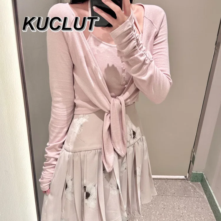 

Модные вязаные кардиганы для женщин, универсальный элегантный японский стиль, бретелька на шею + тонкий кардиган, комплект из двух предметов Femme