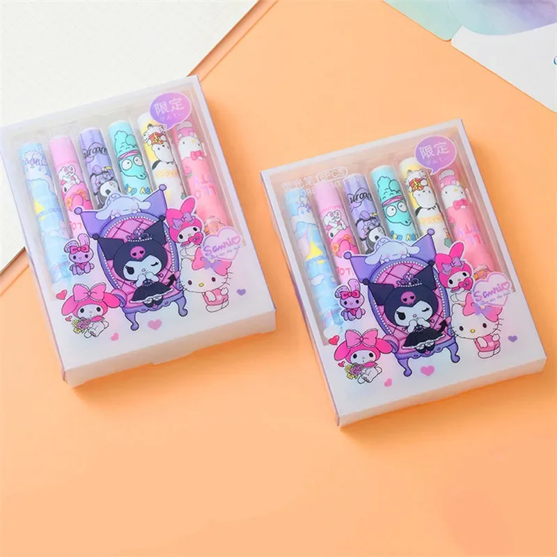 Sanrio 12pcs Marking Pen Cute Cartoon Hello Kitty Highlighter Stationery Kuromi My Melody Cinnamoroll Office Supplies Box Gifts