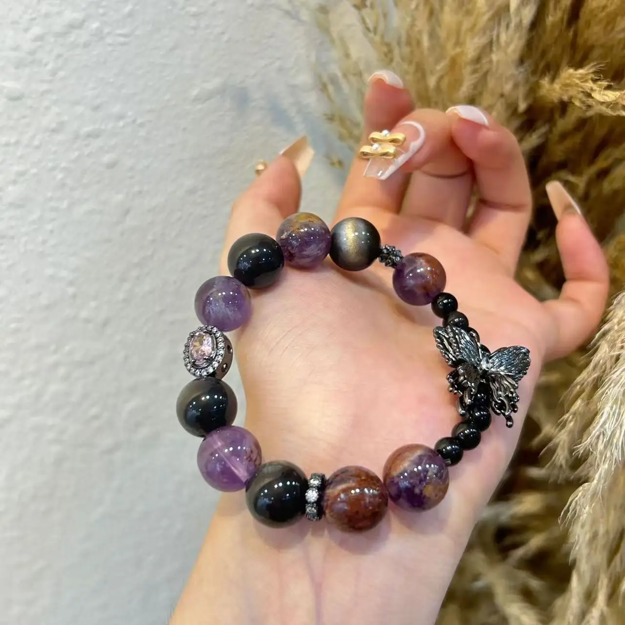 

Natural Purple Ghost Obsidian Crystal Butterfly Bracelet Girls Large Particle Crystal Bracelet Original Niche Design