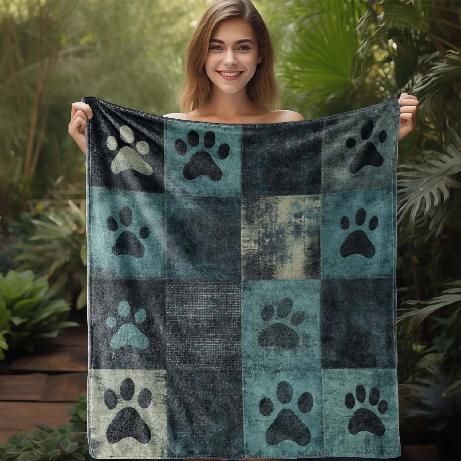 Retro Dog Paw Flannel Blanket Featuring Vintage Patchwork Style Perfect For Cozy Living Room Use Bringing Comforting Charm