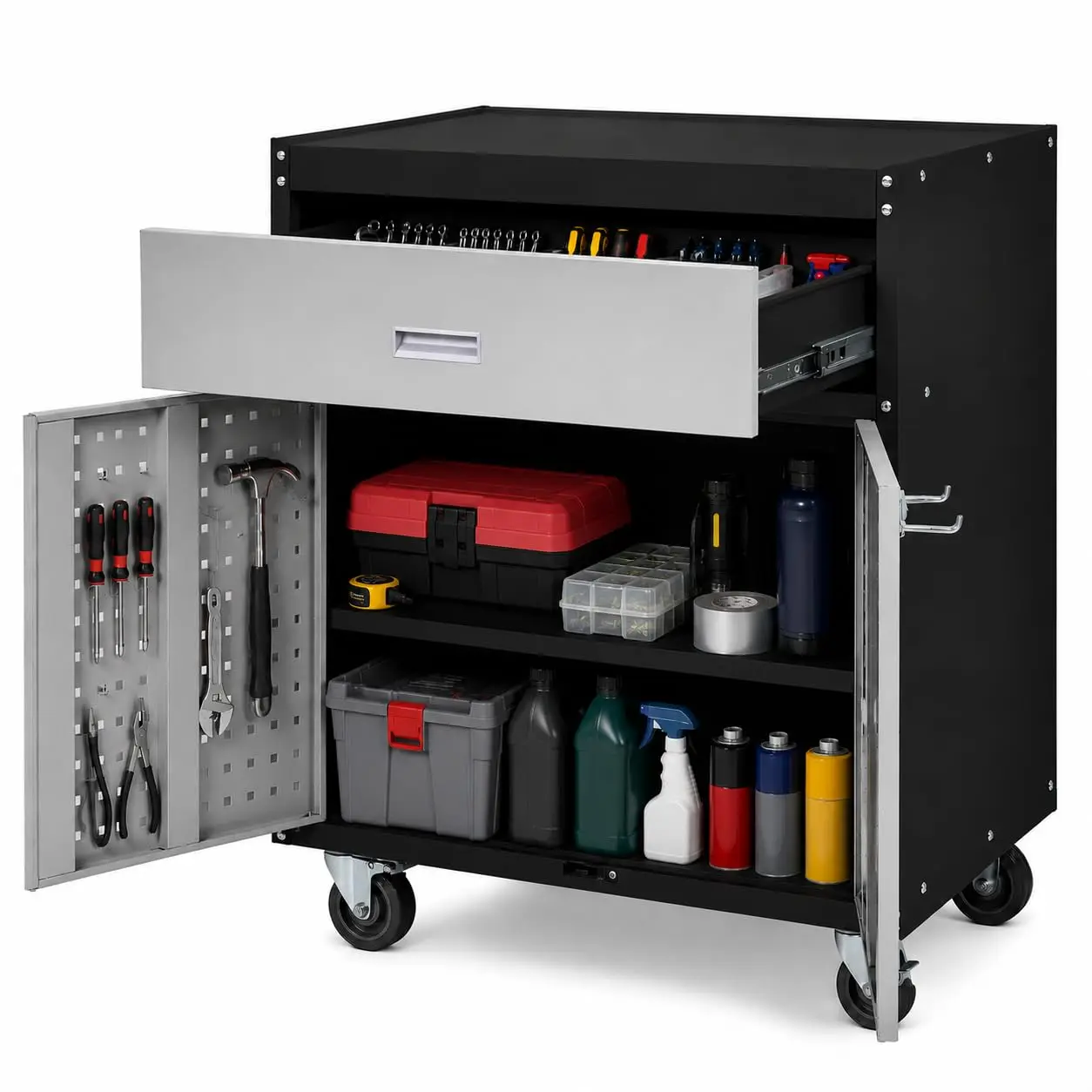 Metal Garage Storage Cabinet with Wheels Pegboard Drawer Adjustable Shelf