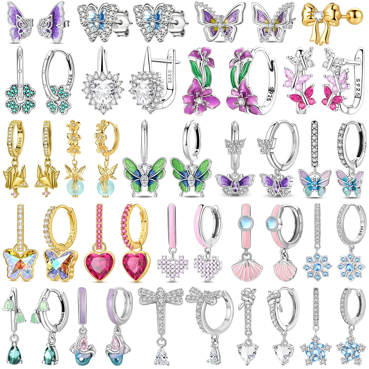 925 Silver Sexy Dangle Drop Earrings Butterfly Bow Heart Flower Shell Pearl Gem Bling Set for Women Ear Buckle Gift Fine Jewelry