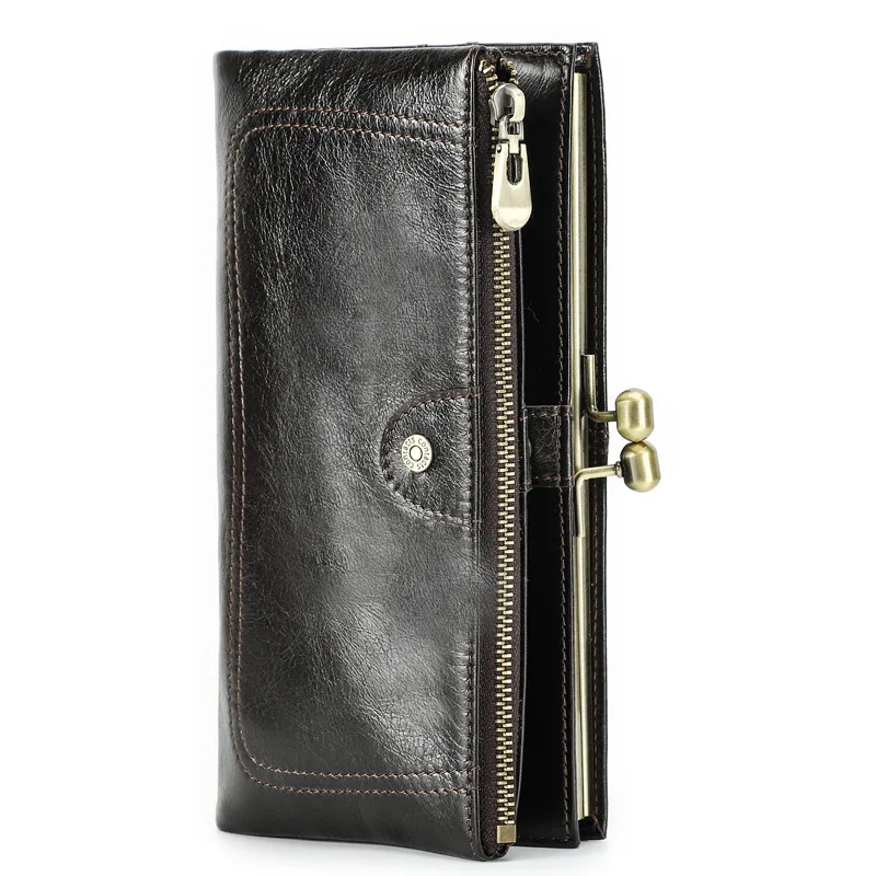British Style Head Layer Cowhide High End Iron Compared Wallet  Anti Theft Brush Long Genuine Women's Leather Clip Women Wallets