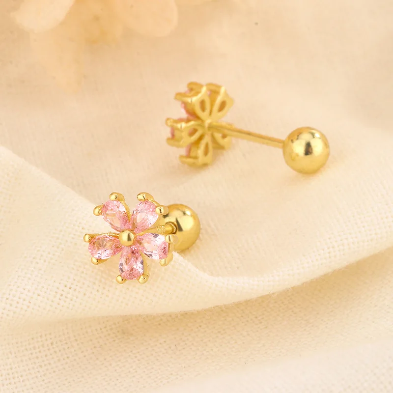 Fashion Exquisite Pink Crystal Flower Tragus Stud Earrings For Women Light Luxury Sweet Wedding Dance Party Jewelry Gift