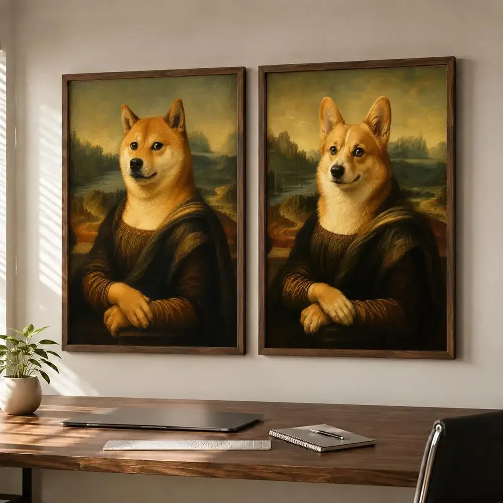 Funny Renaissance Pet Parody Mona Lisa Cat Dog Parody Poster Self-adhesive Waterproof Paper Sticker Wall Decor