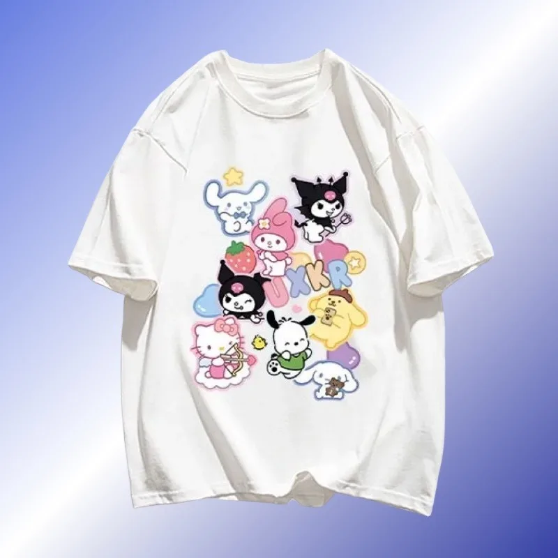 

MOTO-Sanrio Kuromi с короткими рукавами Y2k Harajuku Топ Harajuku Повседневная футболка с круглым вырезом Hello Kitty с принтом плюс размер Повседневный топ унисекс