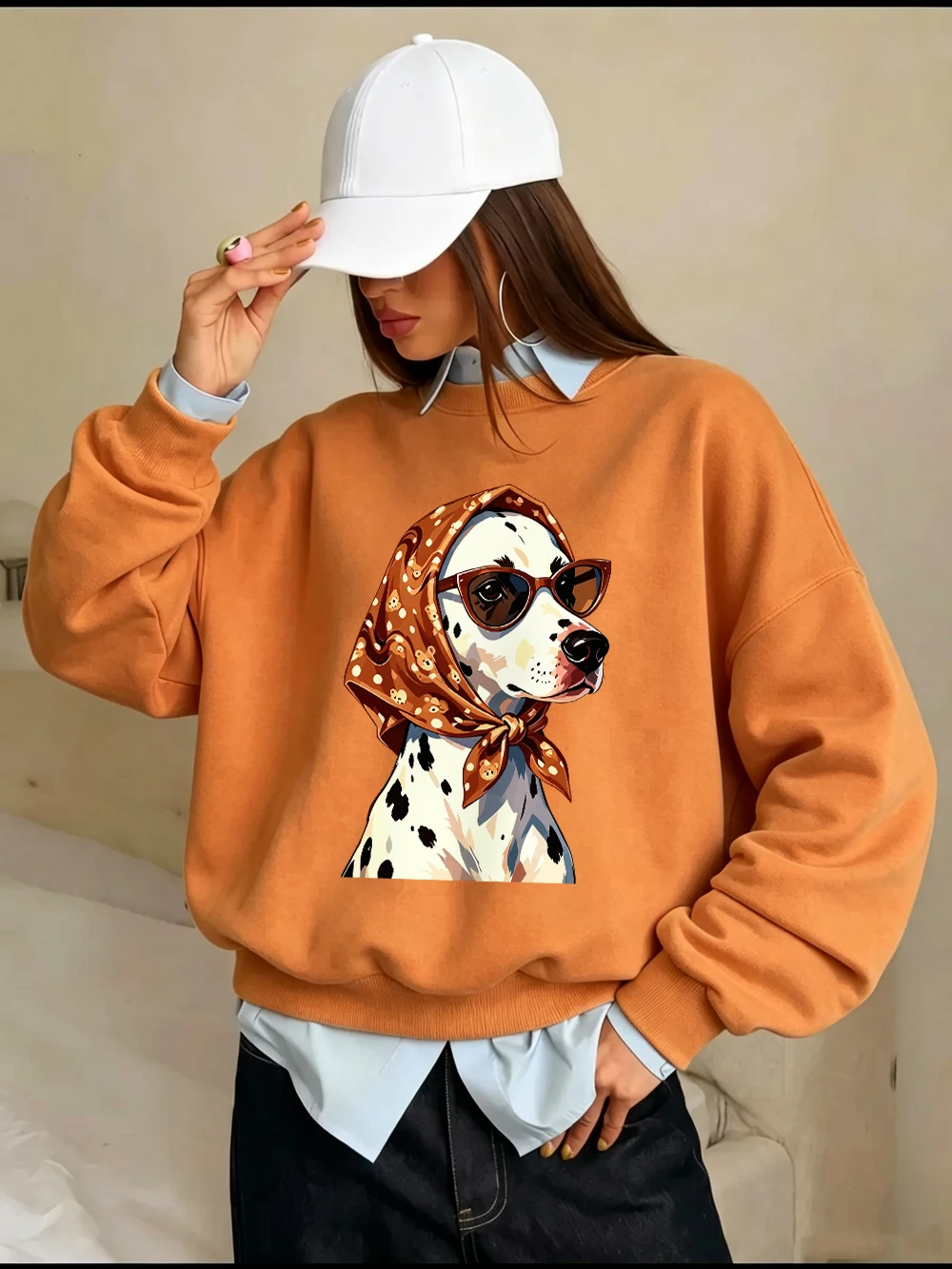 Braunes Kopftuch, Sonnenbrille, Hundemotive, Sweatshirt, Damen-Sweatshirt mit Rundhalsausschnitt, Basics-Hoodies, lockerer, warmer Fleece-Pullover, Herbstkleidung für Damen – Detail 14