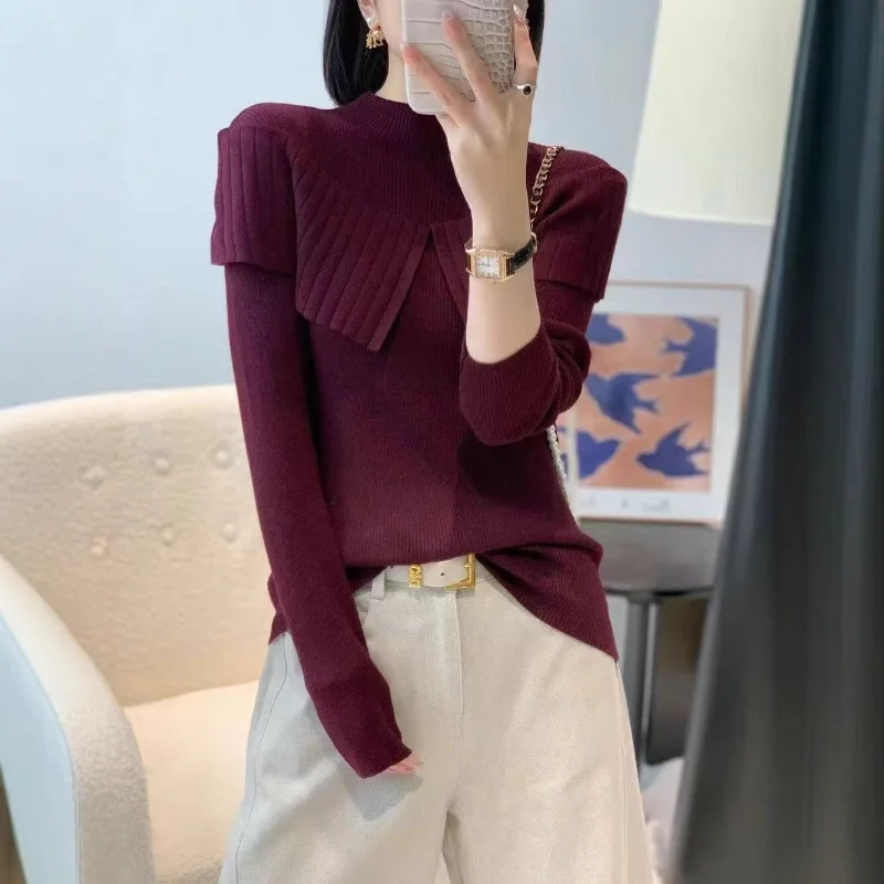 French Stand Collar Stylish Knitwear For Women Autumn Winter New Arrival Stylish Ruffle Slim Fit Good Looking Base Layer Top