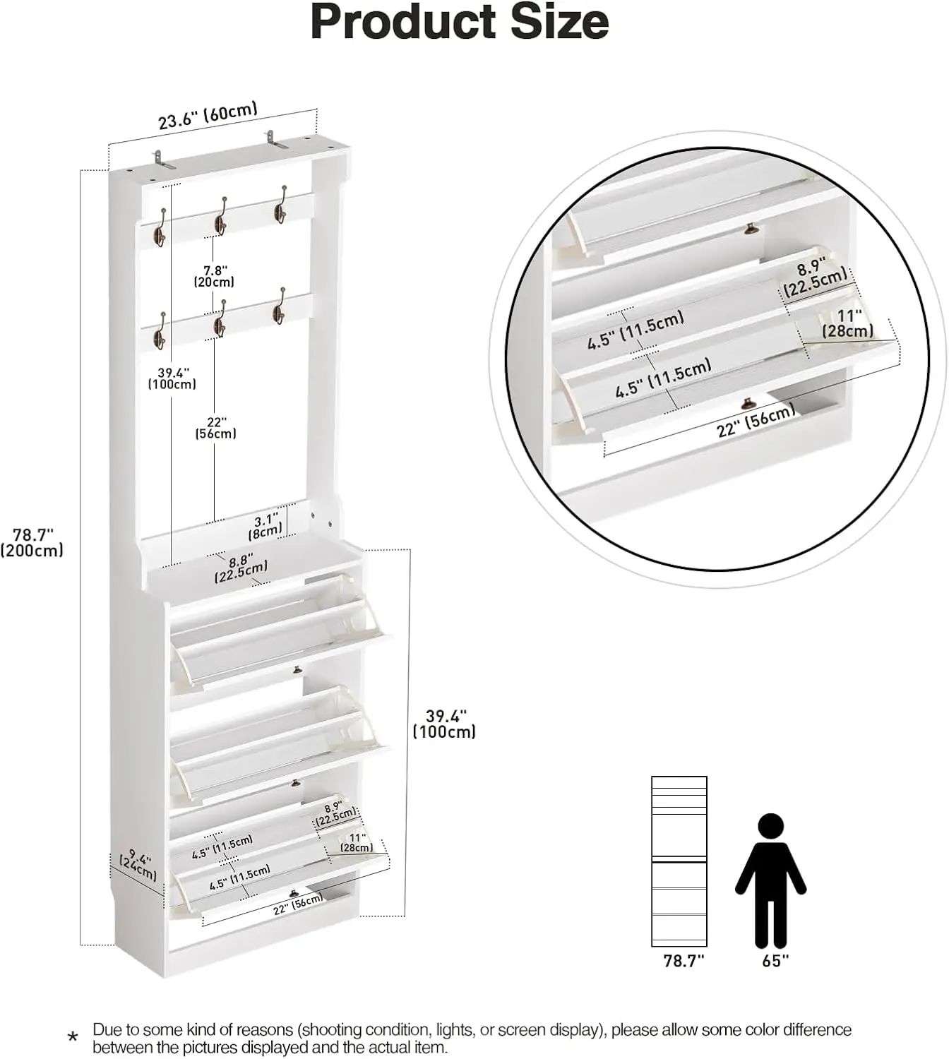 Shoe Cabinet with Coat Rack,Tall & Narrow Shoe Storage Solution, Featuring 3 Wood Shelves,Shoe Cabinet Storage